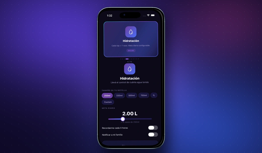 App de hidratación en un iPhone: la meta diaria de 2 litros, el tamaño de la botella y los recordatorios