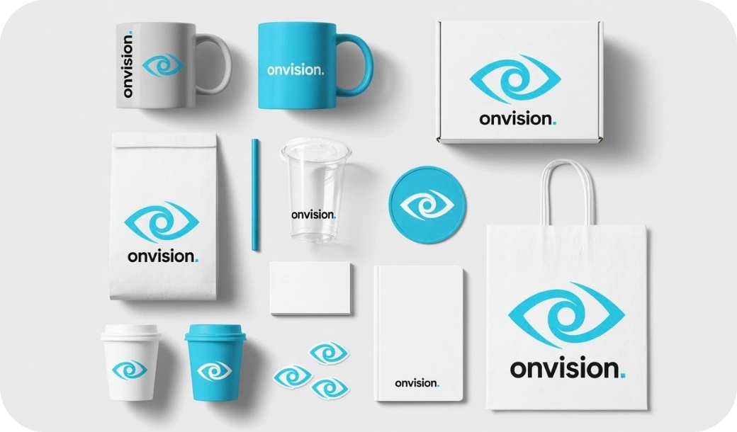 La identidad de Onvision en tazas, bolsas, vasos, cajas y papelería